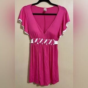Pink V-Neck Dress with Flutter Sleeves and Contrast Waist Trim Large